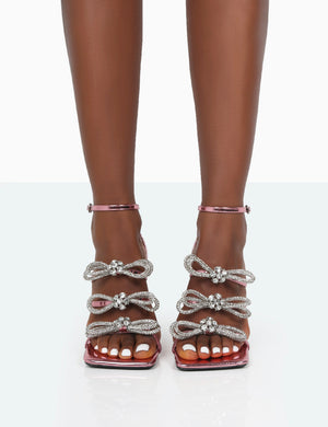 Amelia Pink Mirror Sparkly Diamante Strappy Bow Square Toe Stiletto High Heels