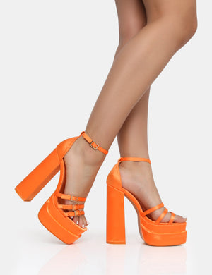 Enya Orange Satin Strappy Buckle Square Toe Platform Block Heels