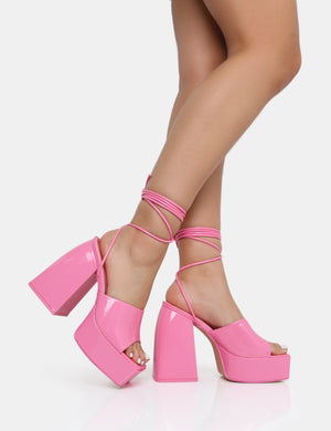 Orchid Pink Patent Lace Up Mule Square Toe Platform Block Heels