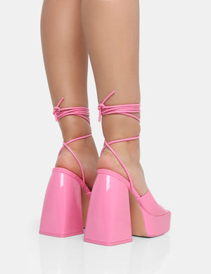 Orchid Pink Patent Lace Up Mule Square Toe Platform Block Heels