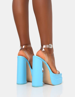 Calla Baby Blue Patent Barely There Clear Perspex Square Toe Platform Block Heels