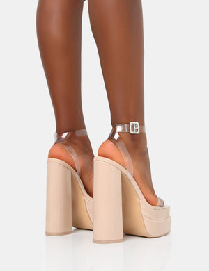 Calla Nude Patent Barely There Clear Perspex Square Toe Platform Block Heels