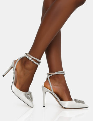 Cupid Off White Satin Diamante Heart Wrap Around Court Stiletto Heels