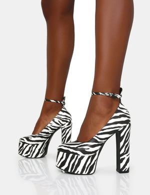 Donatella Zebra Print Ankle Strap Rounded Toe Platform Block Heels