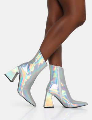 Kenzie Holographic PU Pointed Toe Block Heel Ankle Boots