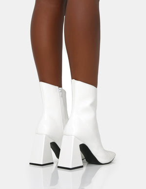 Kenzie White Patent Pointed Toe Block Heel Ankle Boots