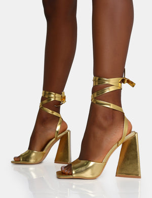 Mojito Gold Lace Up Pyramid Block Heels