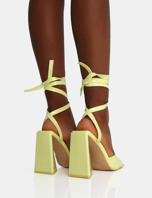 Mojito Yellow Patent Lace Up Pyramid Block Heels