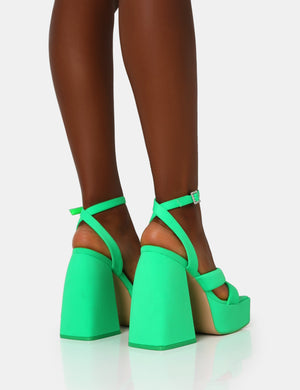 Money Honey Neon Green Nylon Padded Square Toe Chunky Platform Block Heels