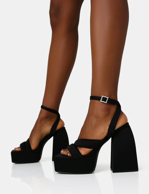 Money Honey Black Nylon Padded Square Toe Chunky Platform Block Heels