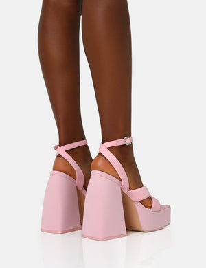 Money Honey Baby Pink Nylon Padded Square Toe Chunky Platform Block Heels