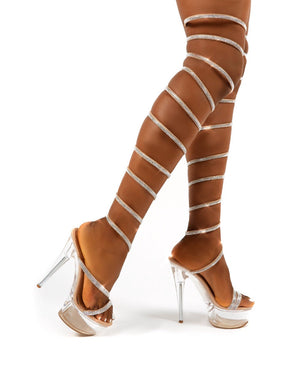 Hypnotised Nude Diamante Thigh High Wrap Around Clear Perspex Platform Stiletto Heels