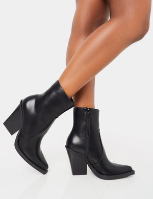 Jessie Black Pu Western Pointed Toe Block Heeled Ankle Boots