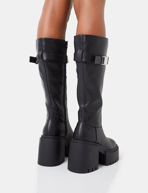 Alaska Black Pu Calf Strap Buckle Detailed Knee High Chunky Sole Block Heel Boots