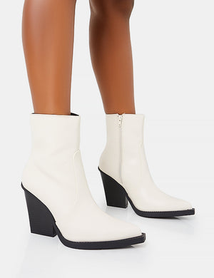 Jessie Wide Fit White Pu Western Pointed Toe Block Heeled Ankle Boots