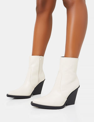 Jessie Wide Fit White Pu Western Pointed Toe Block Heeled Ankle Boots