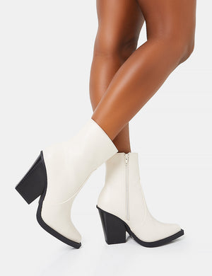 Jessie White Pu Western Pointed Toe Black Contrast Sole Block Heeled Ankle Boots