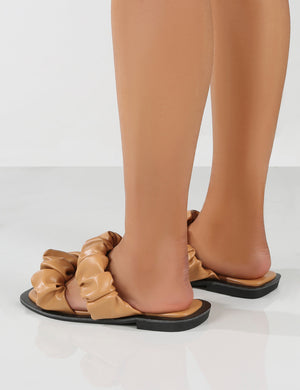 KoKo Camel Ruched Strappy Flat Sandals