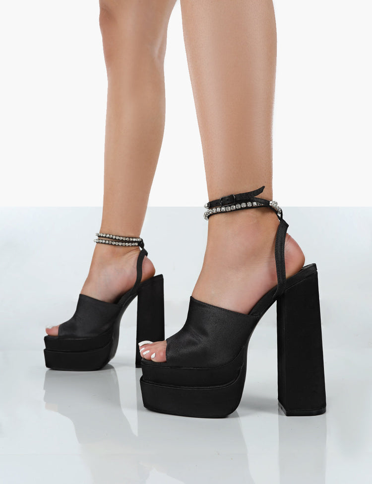 Lilibet Black Satin Diamante Lace Up Strapping Open Toe Statement ...