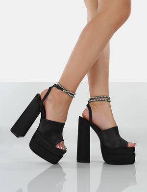 Lilibet Black Satin Diamante Lace Up Strappy Open Toe Statement Platform Block Heels