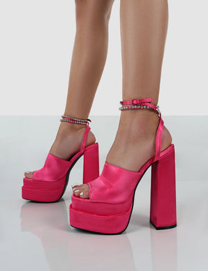 Lilibet Pink Satin Diamante Lace Up Strapping Open Toe Statement Platform Block Heels