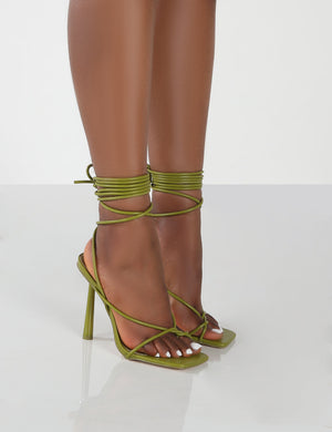 Lacey Olive PU Square Toe Strappy Lace Up Heels