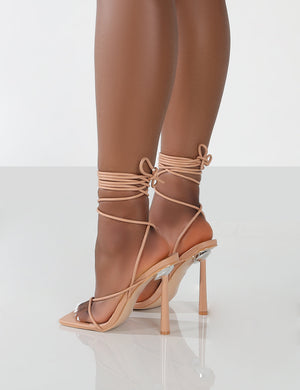Lacey Nude PU Square Toe Strappy Lace Up Stiletto Heels