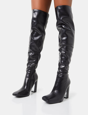 Lasta Black Pu Rounded Square Toe Block Heeled Over The Knee Boots