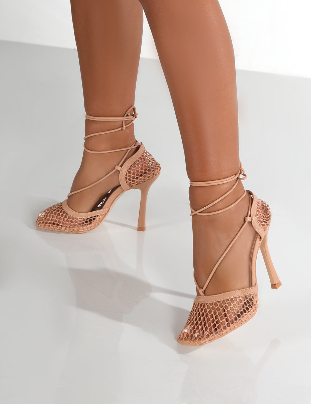 Longshot Nude Wrap Around Mesh Heels