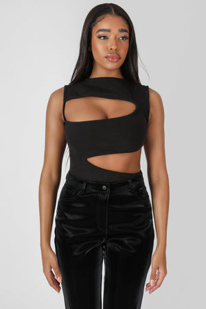 Asymmetric Cut Away Bodysuit Black