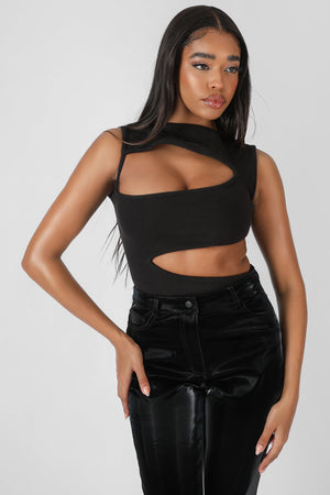 Asymmetric Cut Away Bodysuit Black