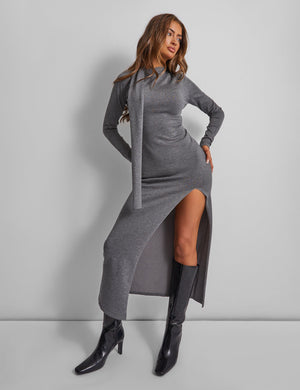 Kaiia Knitted Scarf Maxi Thigh Split Jumper Dress in Charcoal