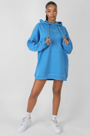 Contrast Stitch Slogan Hoodie Sweat Dress Blue | Kaiia