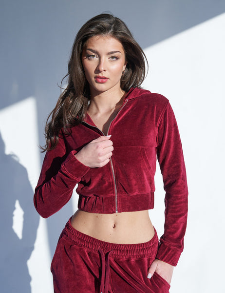 Slim Fit Velour Zip Through Cropped Hoodie Cherry Red | Public