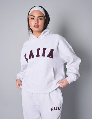 Kaiia Slogan Oversized Hoodie Light Grey Marl With Burgundy