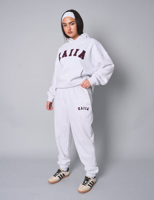 Kaiia Slogan Oversized Hoodie Light Grey Marl With Burgundy