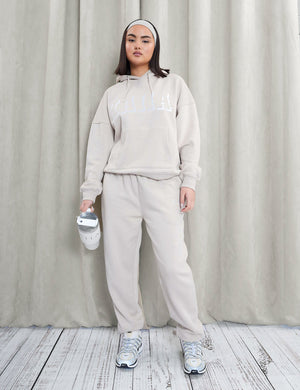 Kaiia Shadow Logo Oversized Drawstring Hoodie Stone