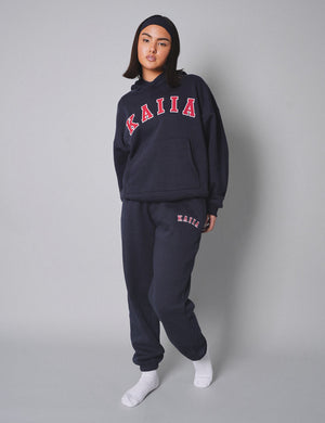 Kaiia Slogan Oversized Hoodie Navy With Red