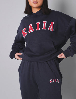 Kaiia Slogan Oversized Hoodie Navy With Red