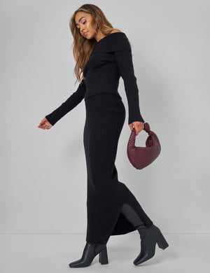 Kaiia Knitted Midi Side Split Skirt Co-ord in Black