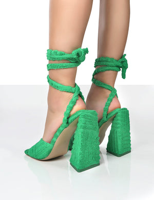 Mojito Green Towelling Lace Up Pyramid Block Heels