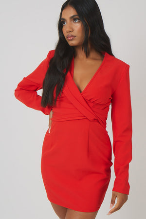 Plunge Front Drape Dress Red