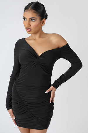 Twist Wrap Gather Long Sleeve Mini Dress Black