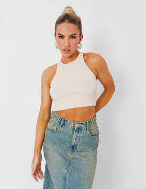 Knitted Ribbed Racer Top Beige