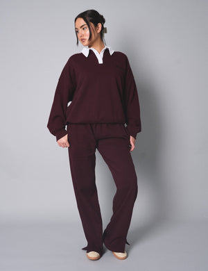 Kaiia Contrast Collar Oversized Rugby Sweatshirt Burgundy