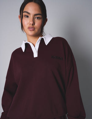 Kaiia Contrast Collar Oversized Rugby Sweatshirt Burgundy