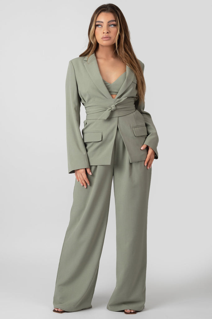 Premium Tie Waist Wide Leg Trousers Sage | Kaiia