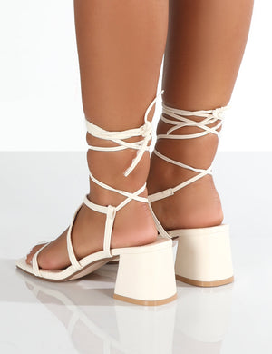 Mabel Wide Fit Off White PU Ankle Tie Block Heeled Sandals