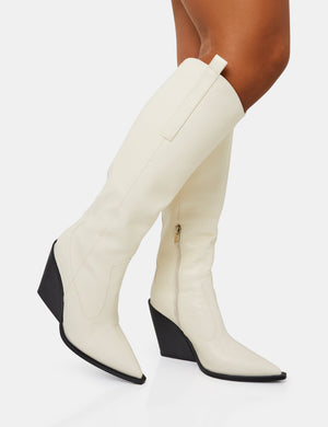 Navada Ecru Western Cowboy Pointed Toe Block Heel Knee High Boots