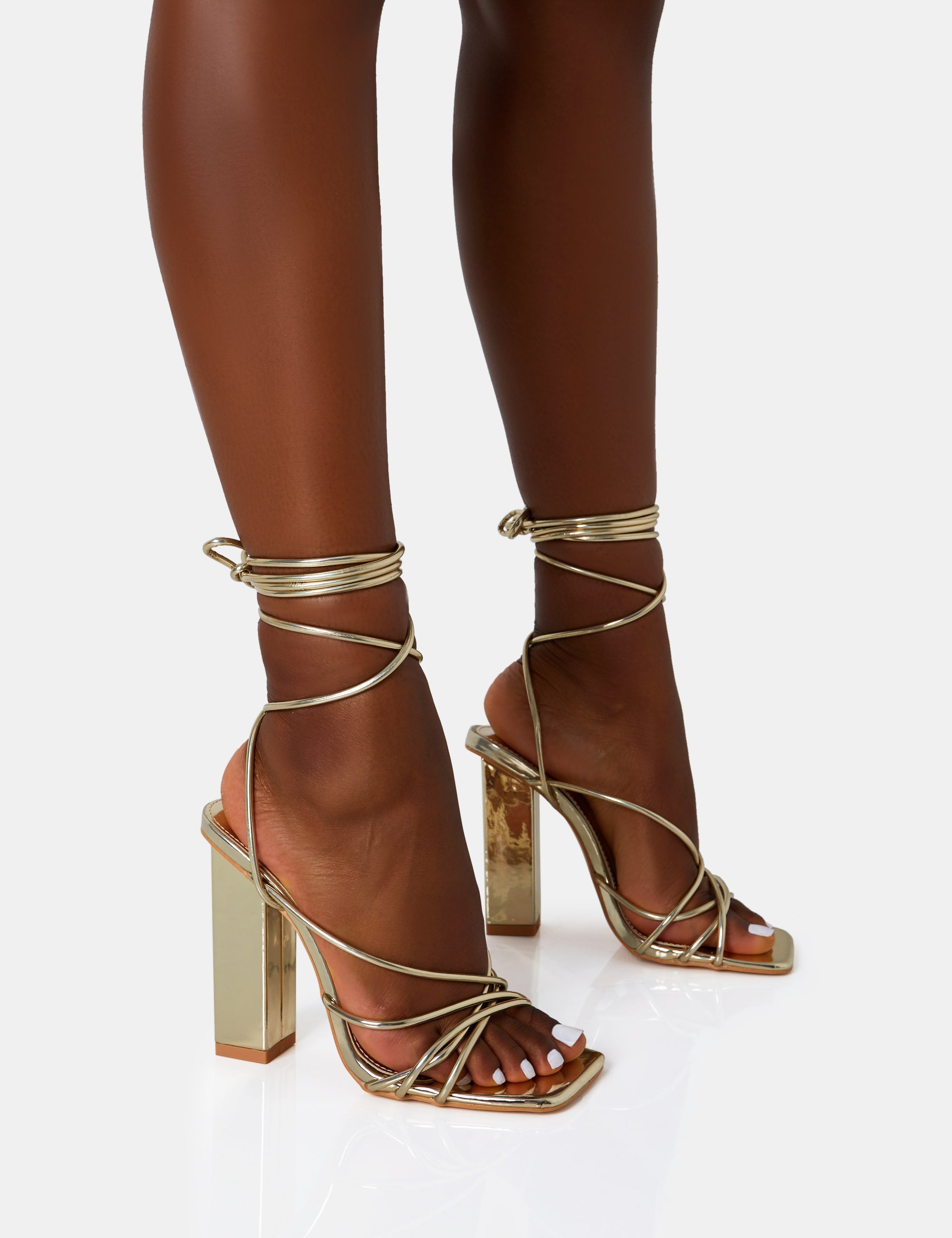 Gold Strappy Tie Up Heels ASOS DESIGN Hoola Strappy Tie Leg Mid